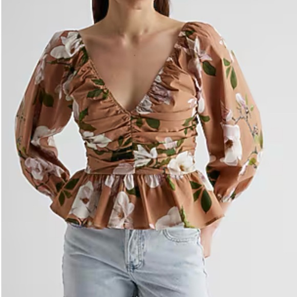 Express Floral Ruched Blouse - Brown and Green - Picture 1 of 6